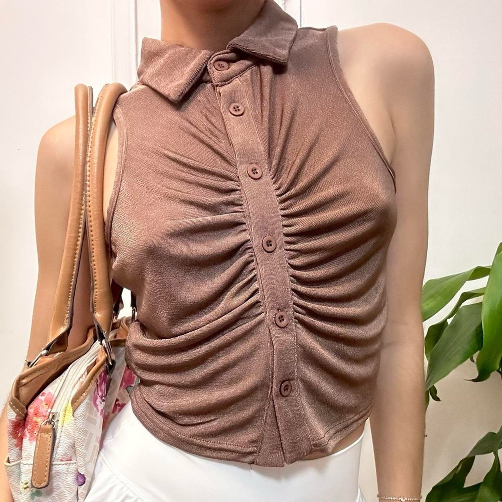 💙NWT Brown Button-Up Crop Top Tank Size Small